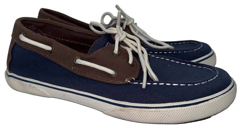 Sperry Top-Sider Halyard Boys Boat Shoes Size 4M Navy Brown Canvas